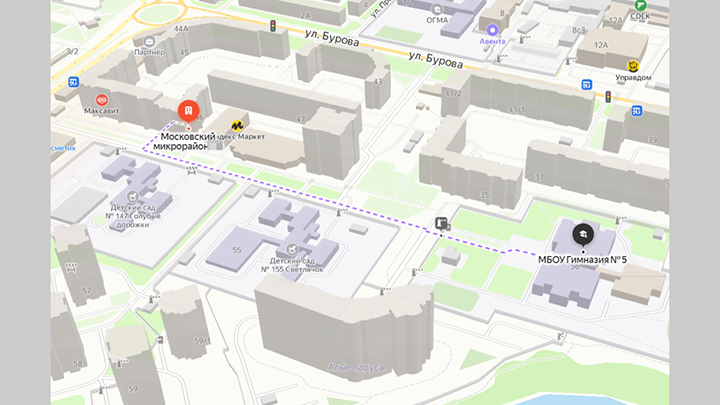 МАРШРУТ АЛИНЫ ОТ ДОМА ДО ШКОЛА БЫЛ КОРОТКИМ. СКРИНШОТ СТРАНИЦЫ СЕРВИСА "ЯНДЕКС.КАРТЫ"