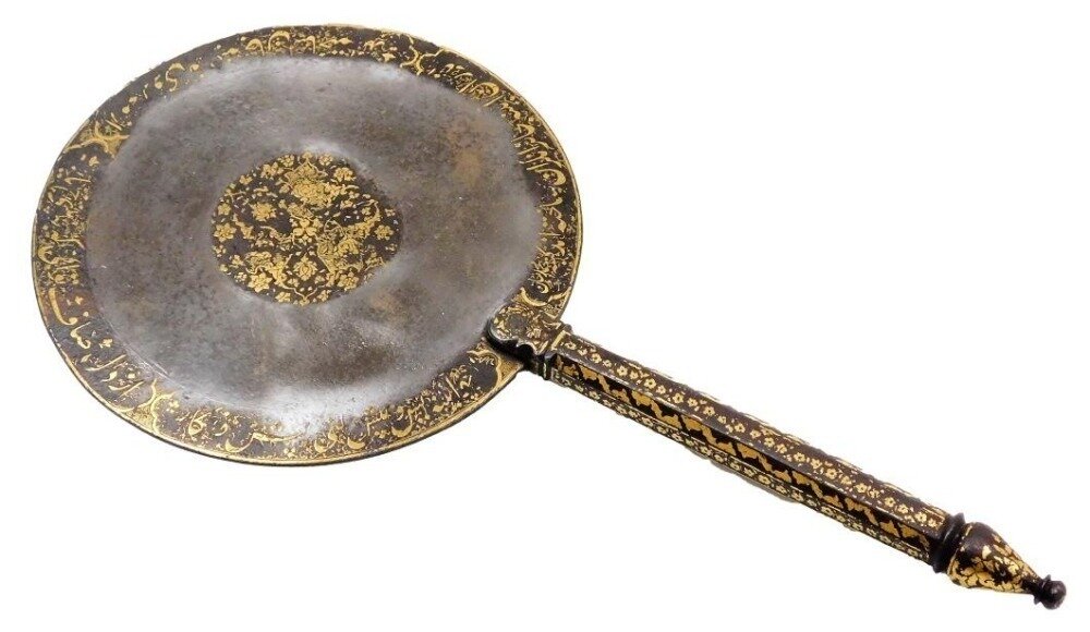 Персидское стальное ручное зеркало 13-15 веков, инкрустированное золотом