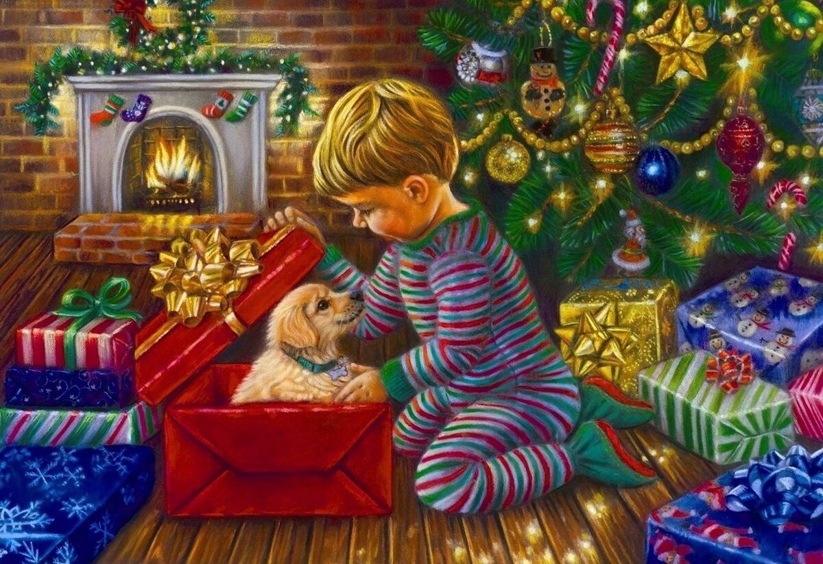 Christmas miracle. Художница Tricia Reilly-Matthews. Художница Tricia Reilly-Matthews Рождество. Подарки под ёлкой. Новогодние картины.