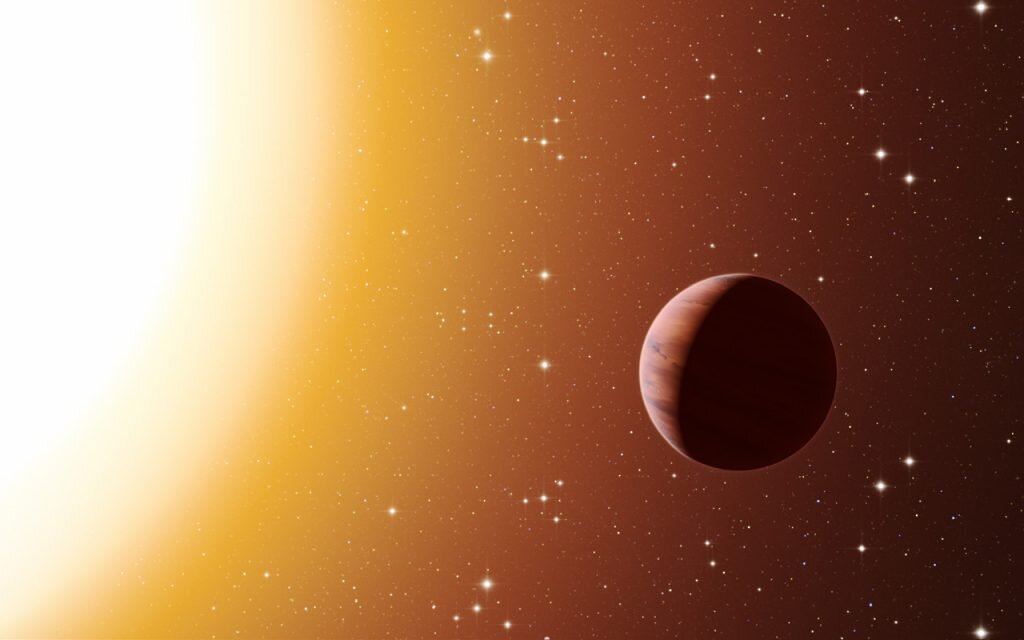    This artist’s impression shows a hot Jupiter planet orbiting close to one of the stars in the rich old star cluster Messier 67, in the constellation of Cancer (The Crab). Astronomers have found far more planets like this in the cluster than expected. This surprise result was obtained using a number of telescopes and instruments, among them the HARPS spectrograph at ESO’s La Silla Observatory in Chile. The denser environment in a cluster will cause more frequent interactions between planets and nearby stars, which may explain the excess of hot Jupiters. Анастасия Никифорова