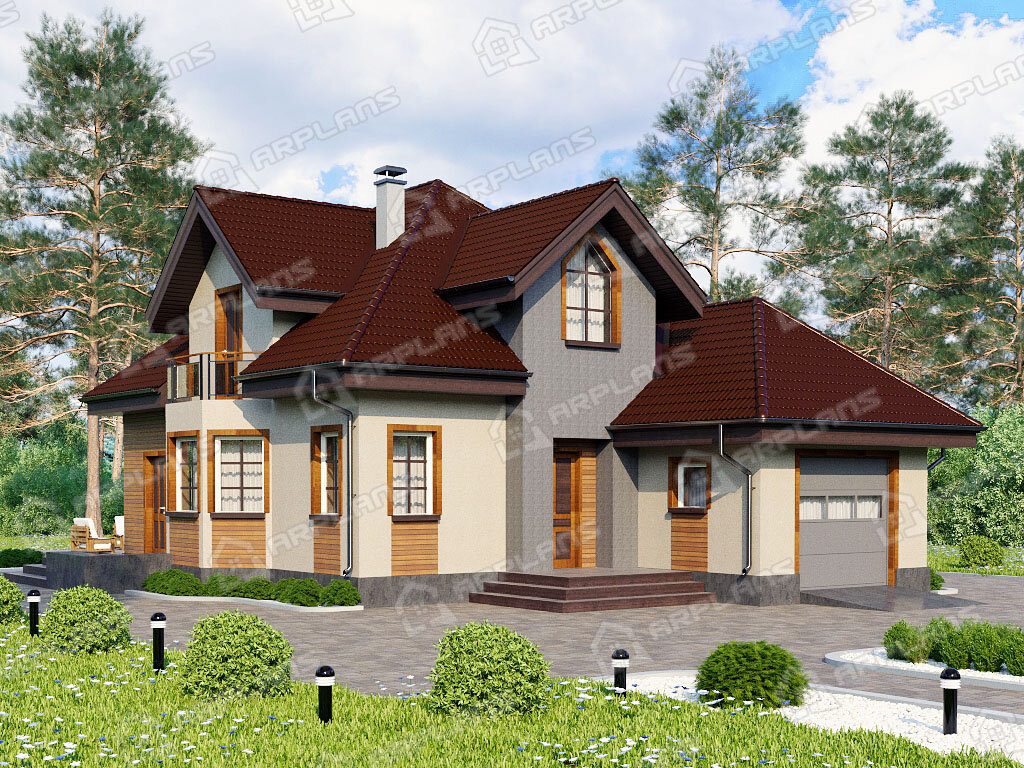 Фото 1 дома с мансардой из газобетона с гаражом. Источник arplans.ru Проект К-254 