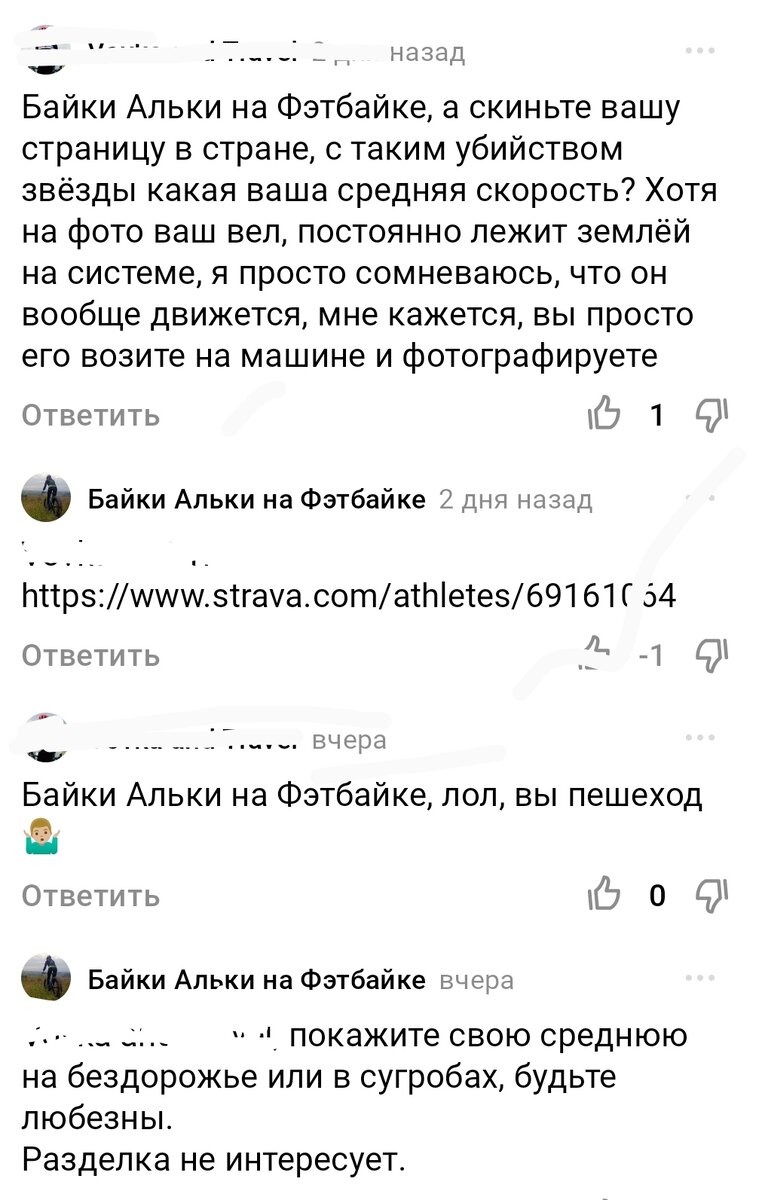 Скриншот комментариев к моей статье о зимних велопоездках. На момент написания этого очерка ответа получено не было