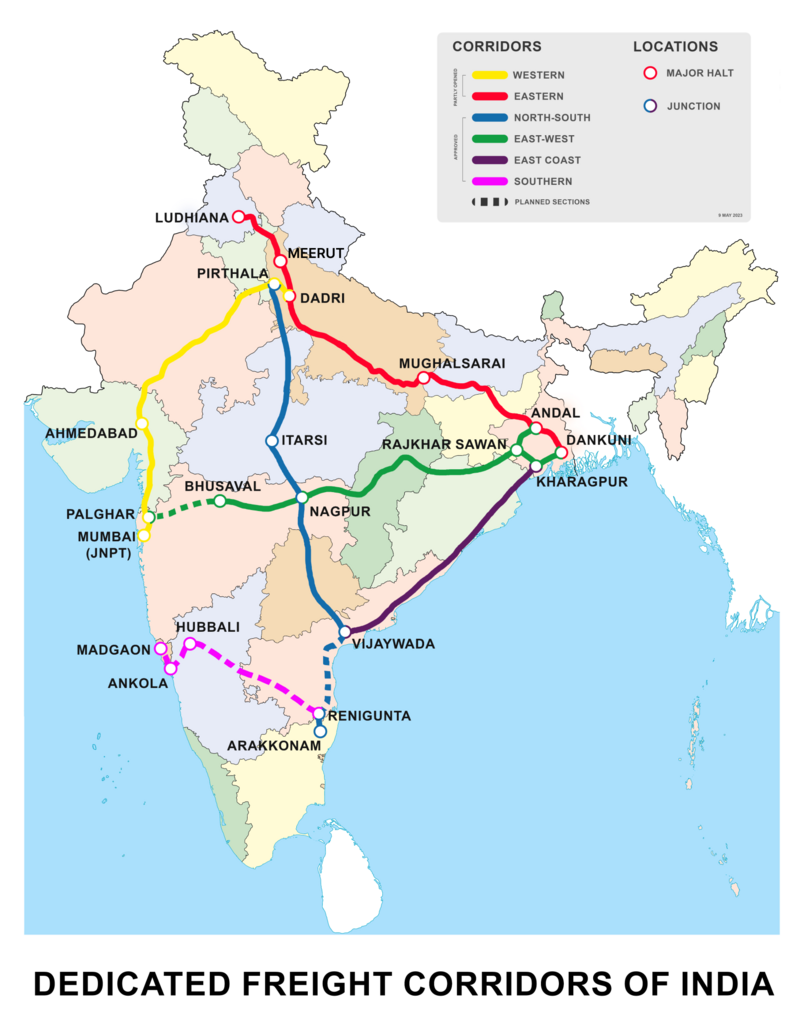 Система грузовых коридоров Индии. Красны и желтый реализованы на 70% к концу 2023 года