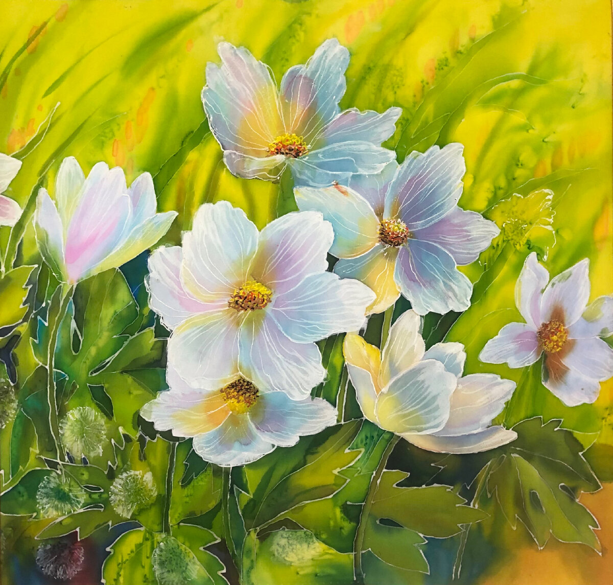 " Первые цветы", Ханжина Н.И., 2021 г., батик, 48*50