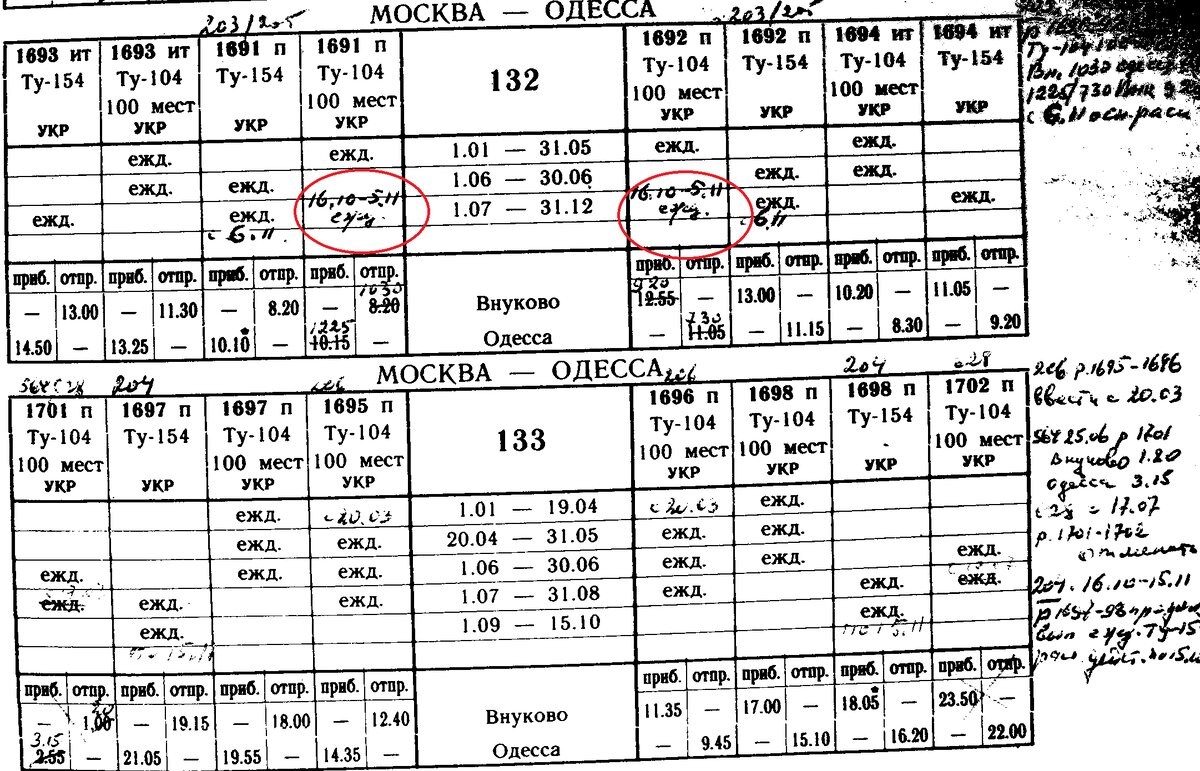 Расписание движения самолётов на линии Москва – Одесса в 1979 году. Из моей коллекции