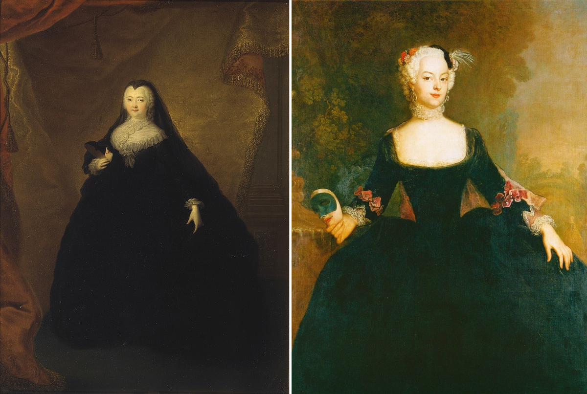 Слева - "Портрет Елизаветы Петровны в черном маскарадном домино с маской в руках", Георг Кристофор Гроот, 1748, из коллекции Третьяковской галереи. Справа - "Портрет придворной дамы", Антуан Пэн, ок. 1745, из коллекции  Шарлоттенбурга.
