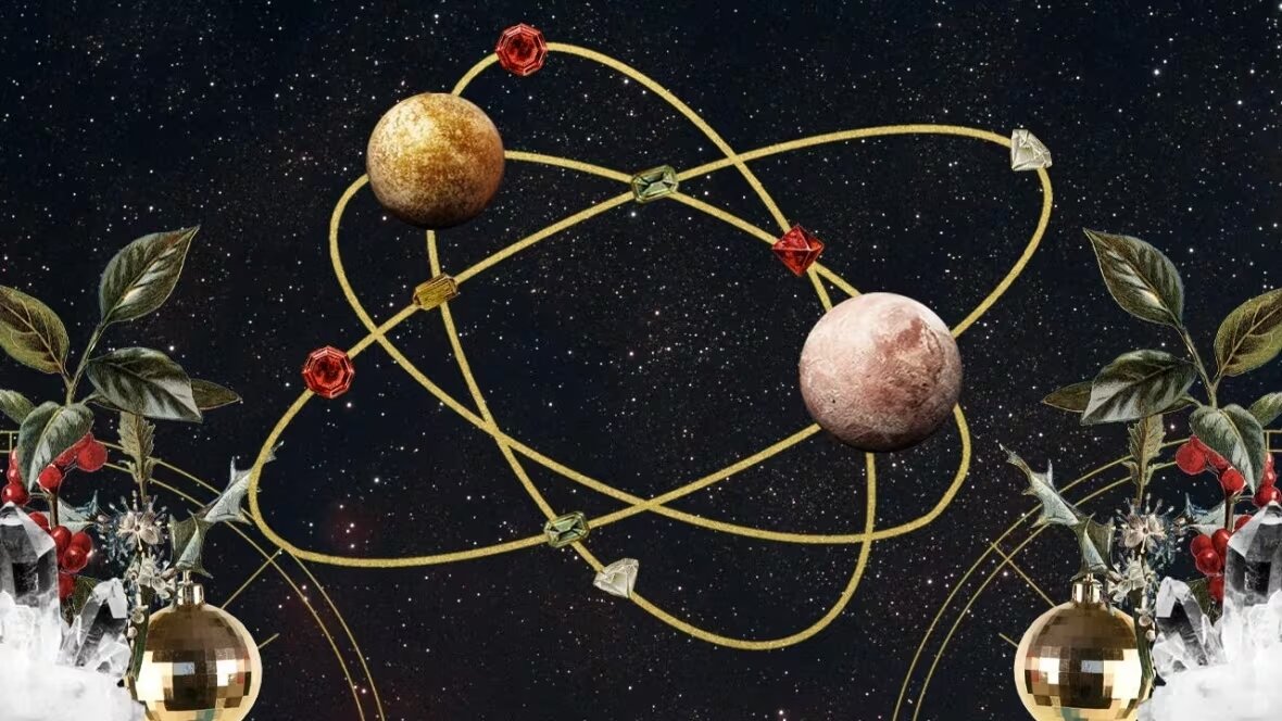  Коллаж -две планеты вращаются вокруг нескольких галактических колец, перекрывающихся на фоне ночного неба. Праздничные богатства украшают нижнюю рамку изображения. (Фото: iStock/Getty Images; искусство: CBC Life)