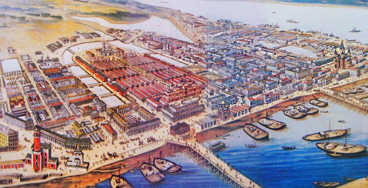 Рисунок схематично отображающий устройство ярмарочного городка (истhttps://www.yarmarka.ru/news/nizhegorodskaya-yarmarka-karte/) Архитектурный комплекс Собор-сквер-Ярмарочный дом находится аккурат посередине в зоне со зданиями с красной крышей. Также сохранился Александро-Невский Новоярмарочный собор (изначально он не задумывался его достроили позже чем всю остальную ярмарку, поэтому название новый ярмарочный собор). Подковообразный канал- Бетанкуровский канал, предназначался для разгрузки барж с товарами. Вода в канал бралась из Мещерского озера(его видно сзади на рисунке), которое в свою очередь сообщалось каналом с р.Волгой. 