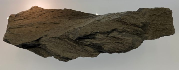 Кратер Карский, Тюменская область, Россия. Ударно-метаморфизованный песчаник с конусами сотрясения в виде сходящихся конусовидных образований. Размер 390х140х70 мм, масса 4275 гр. Коллекция Московского Планетария, № 102