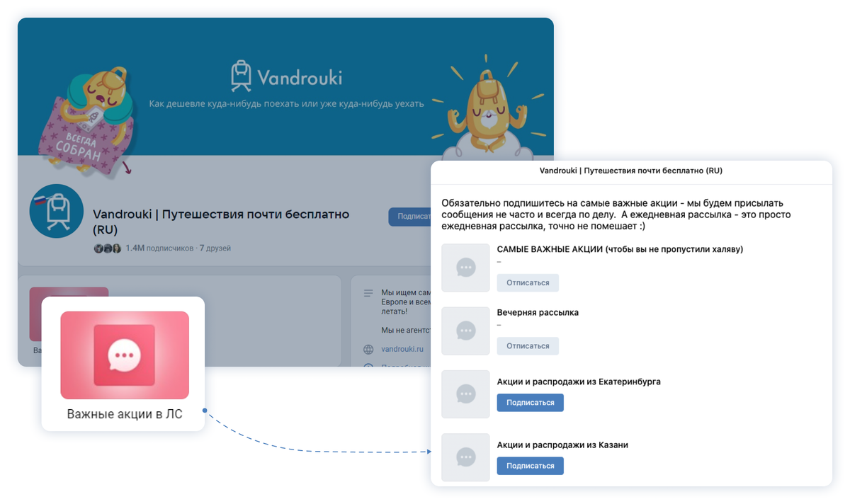 Сообщество для любителей путешествовать почти бесплатно «Vandrouki» использовало закрепленный в меню сообщества блок 