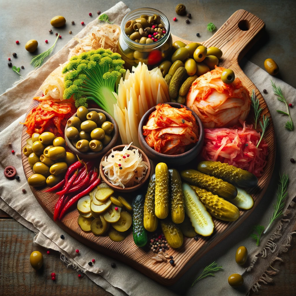 ассортимент ферментированных овощей, таких как кимчи, квашеная капуста, оливки и соленые огурцы