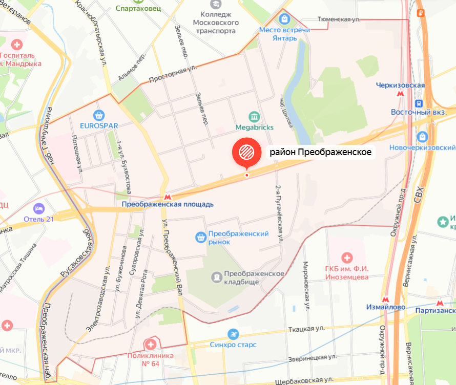 Район Преображенское на карте Москвы. Яндекс.Карты.