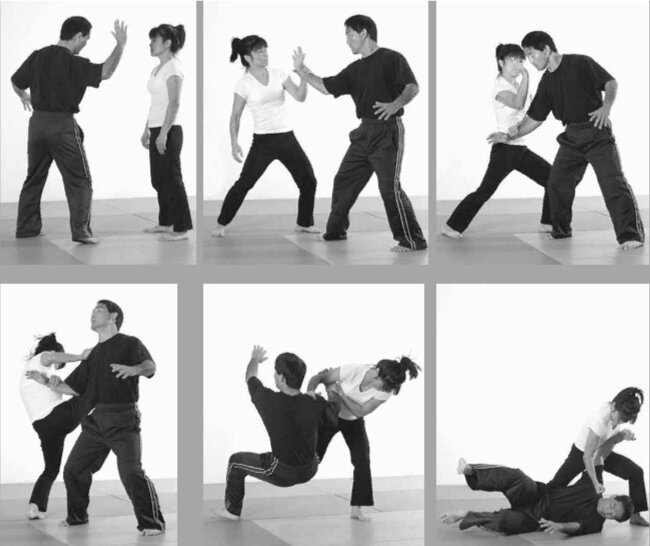 1. Нападающий пытается дать пощечину (ударить) правой рукой 2. Обратный ракурс: нападающий наносит удар, а защищающаяся блокирует его руку движением вниз и на себя. 3. Защищающаяся разворачивается на левой ноге, одновременно отталкиваясь и контролируя руку нападающего. 4. Защищающаяся разворачивается на левой ноге и начинает. 5. Защищающаяся выметают ногу атакующего, бросая его на землю.6. Защищающаяся может ударить атакующего в область головы, чтобы закончить ситуацию.