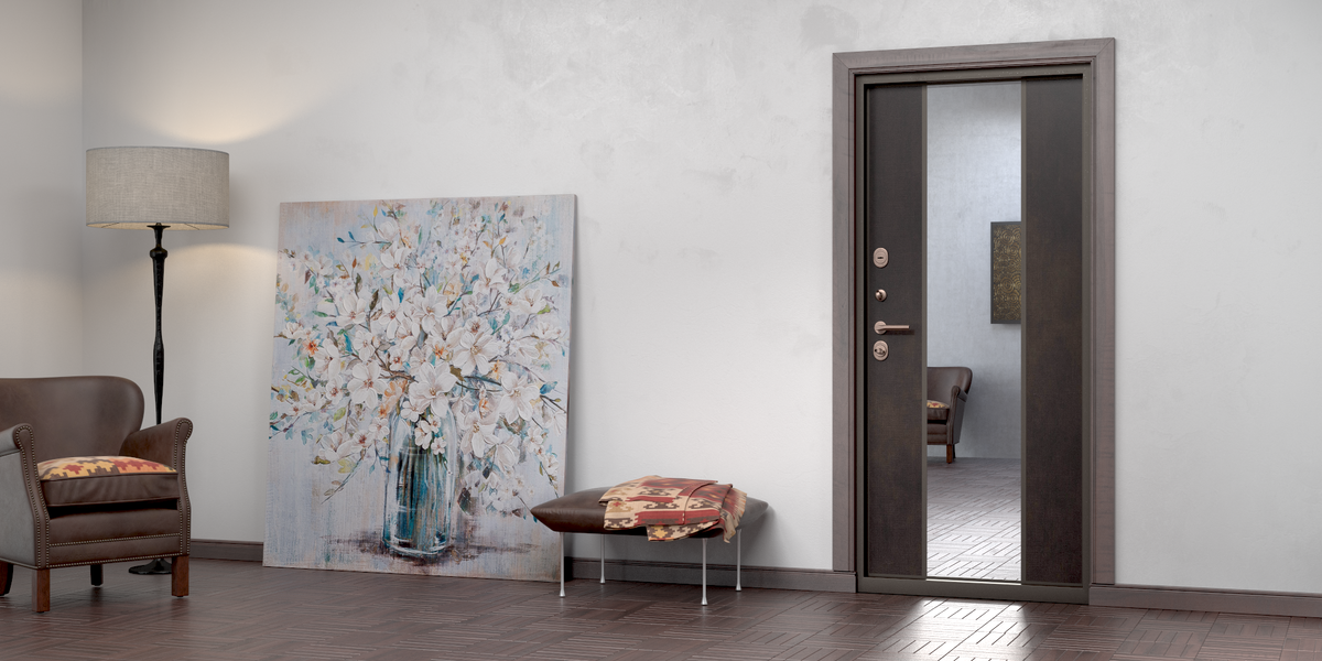 Квартирная дверь Portalle c зеркальной вставкой.  