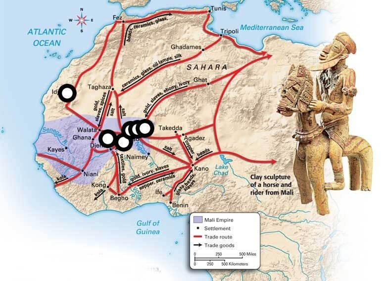 Сиреневым цветом - территория Мали, красные линии - торговые пути. Также пример искусства западной Африки - статуэтка всадника.