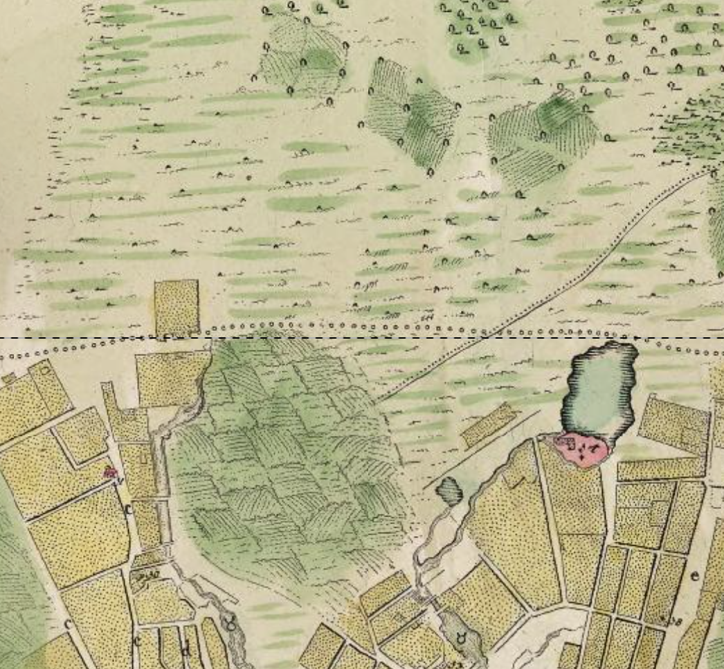 Местность, где потом появилось Лазаревское кладбище, на плане Москвы 1739 года. С сайта www.retromap.ru.