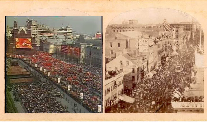 Первомайская демонстрация в Москве и празднование прокладки трансатлантического кабеля на Бродвее.