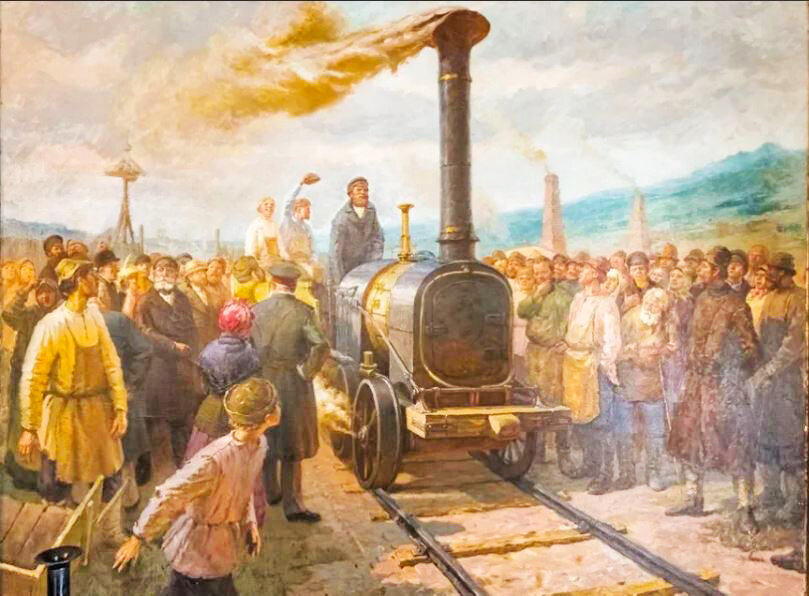 «Грандиозный пароходный дилижанец». Демонстрация первого паровоза Черепановых 1834 год Нижний Тагил. Источник: Яндекс Картинки.