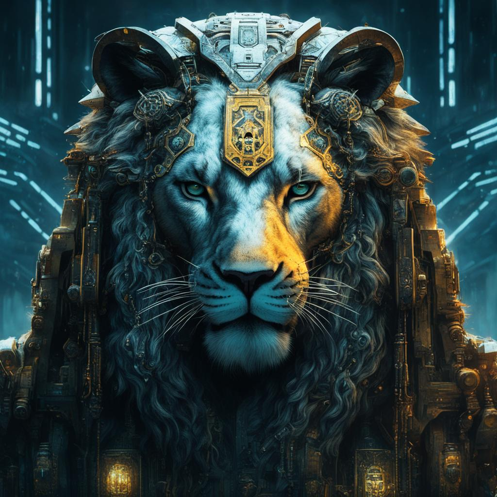 ▣ Изображение сгенерировано нейросетью [fusionbrain.ai/editor/] – Promt : [портрет религиозного льва.  ] – стиль – [Гиперпанк] 