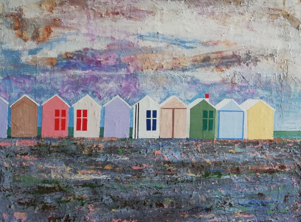 Пляжные домики. Темпера, оргалит. 45*61 см, 2022г. Авторская работа