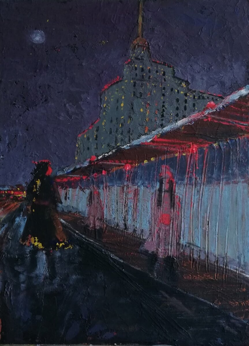 Улица красных фонарей. Темпера, оргалит. 50*61 см, 2021 г. Авторская работа