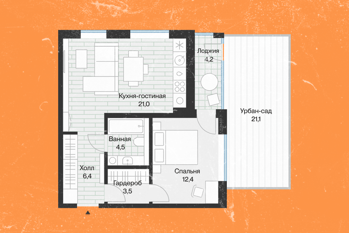 Евродвушка с урбан-садом 72,9 м² 