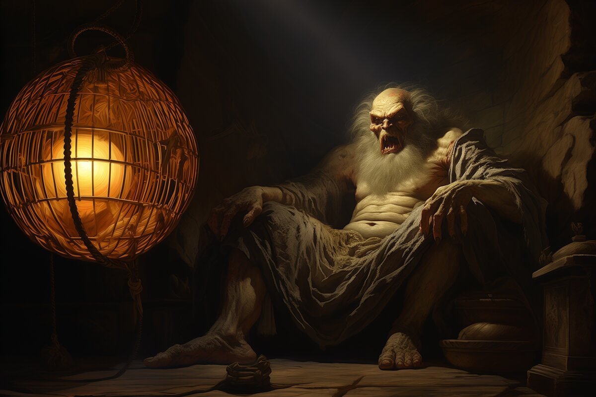 Карачун (второе имя Чернобога) удерживает в клетке небесное светило. Иллюстрация Эпос Клио, CC BY 4.0