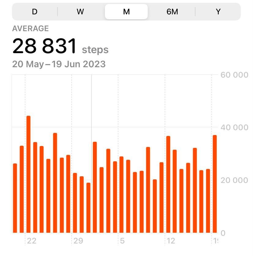 Среднее количество шагов с 20 мая по 19 июня 2023 года.