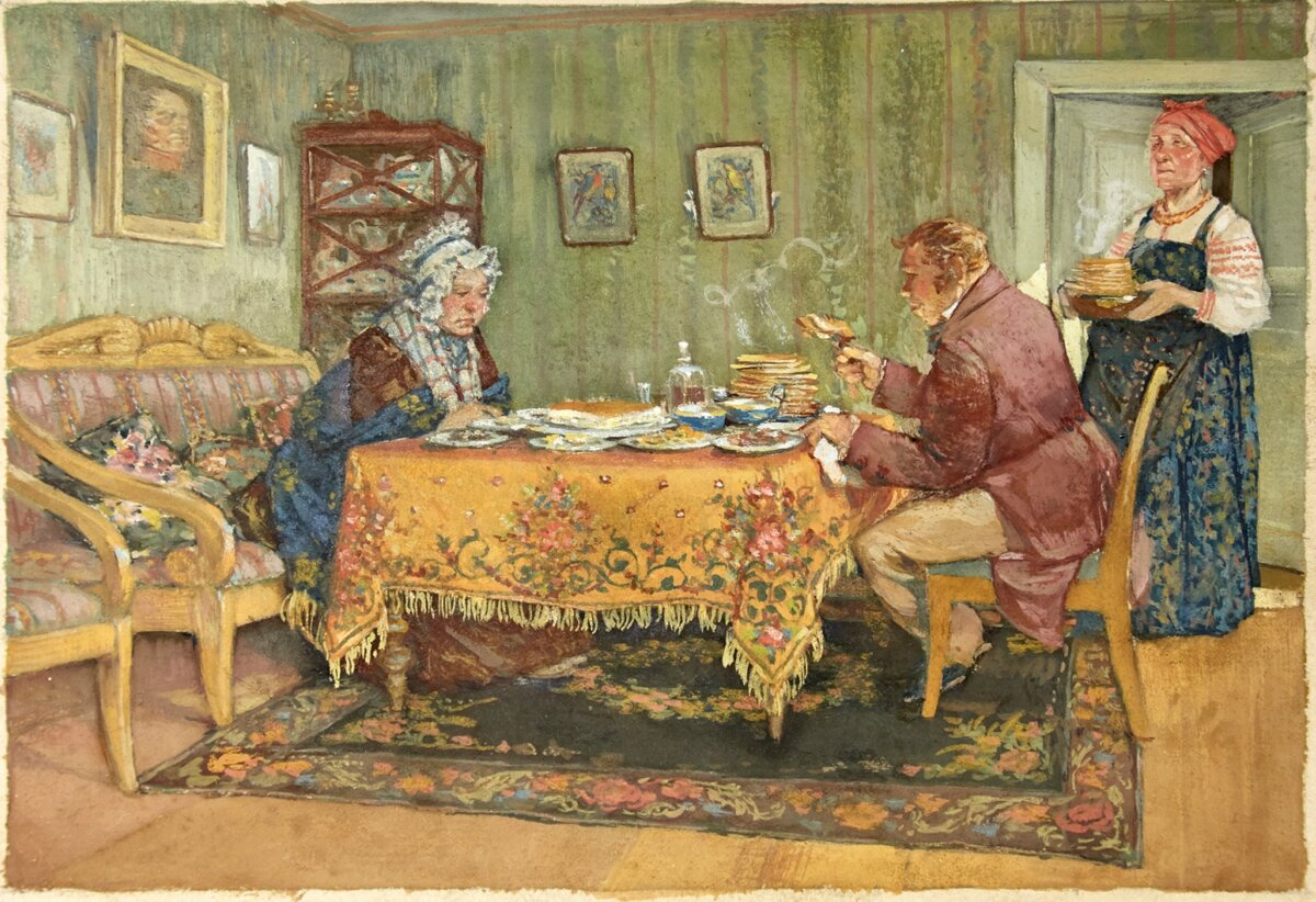 Чичиков у Коробочки. Иллюстрация к произведению Н.В. Гоголя "Мёртвые души". Художник: Е.И. Топиков (Праведников)