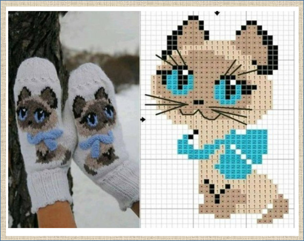 Схема котика в шапке. Вышивка на рукавичках. Вышивки для детских варежек. Вышивка кошечки на варежках. Вышивка на вязаных варежках схемы.