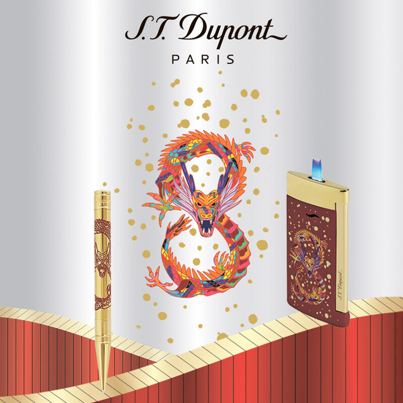 Ручка и зажигалка S.T. Dupont Dragon с отделкой позолотой и лаком