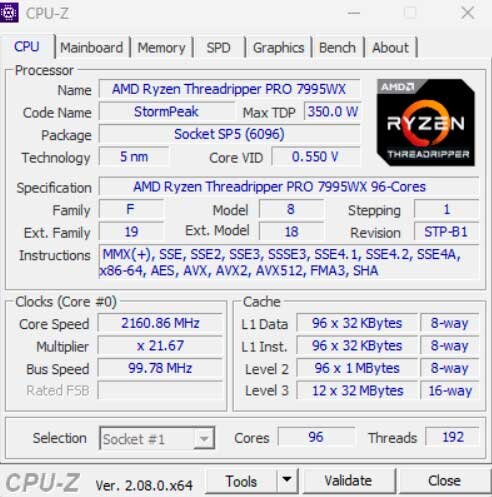 CPUz скриншот процессора AMD Ryzen Thread ripper Pro 7995WX