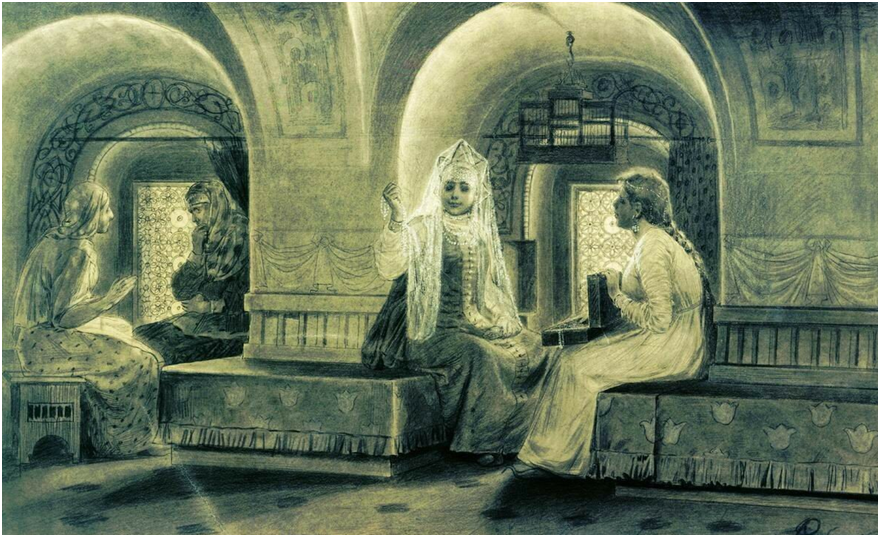 В тереме. А.П. Рябушкин (1861-1904) 1880-е гг. Источник: Положение женщины в Древней Руси: от язычества к христианству         https://my.mail.ru/community/ludigenii/05C4AD9AA1FCD4C9.html
