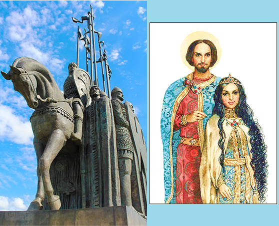Слева - монумент А. Невскому-Байдару во Пскове, освобождённом им от тевтонов. Справа князь Невский-Байдар с женой Вассой, с дочерью тартаро-могольского царевича Чагатая.