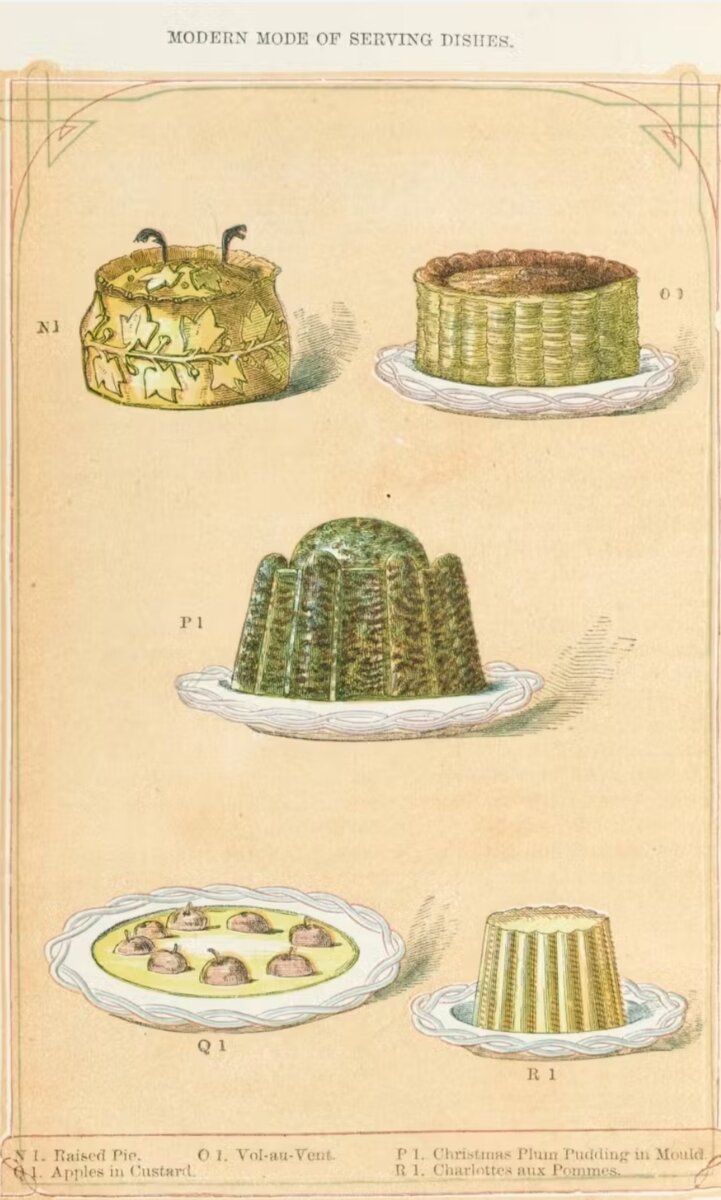 Разновидности пудингов: с начинкой (по сути, пирог), волован (несладкий на слоёном тесте), рождественский, яблоки в заварном креме и яблочная шарлотка. Страница из кулинарной книги.