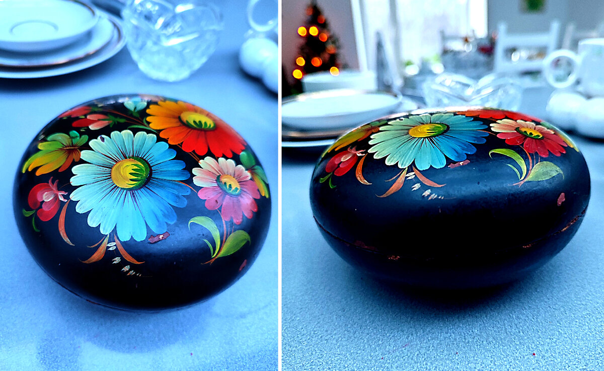 Папье - маше, ручная роспись. Поистрепала ее жизнь. А рисунок мне очень нравится, видно что сделан с любовью.