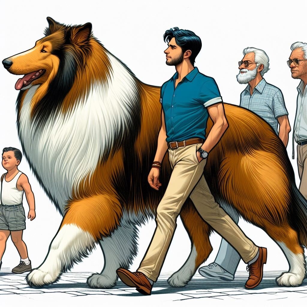 Изображение сгенерировано нейросетью на базе суммированных описаний))) 
Колли ростом с коня))