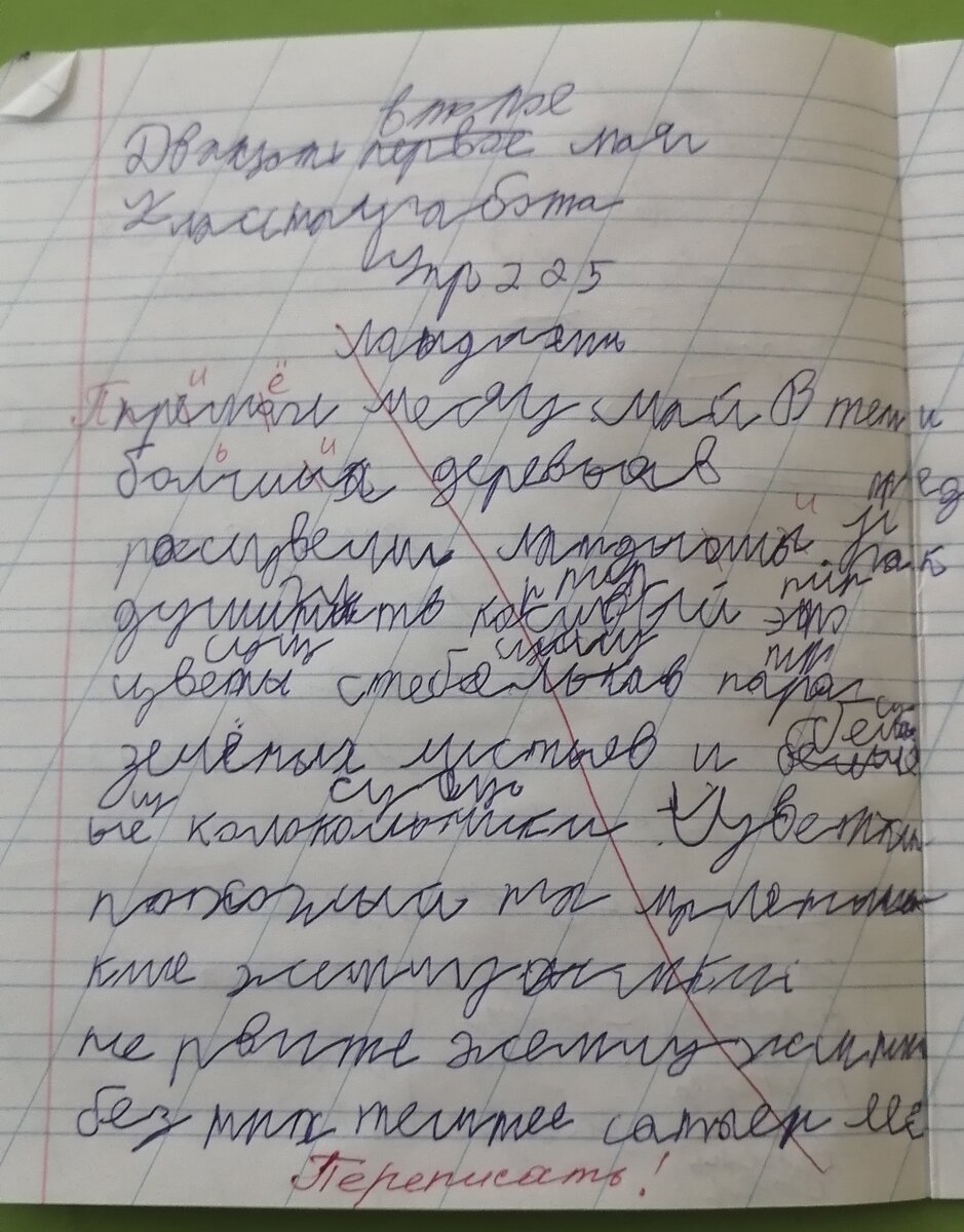 Например вот это. Списывалось с учебника в конце второго класса. Проверив пять слов и обнаружив пять ошибок, учитель сдался.