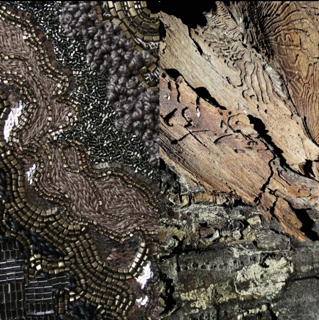 Коллаж коры дерева и ручной вышивки. 