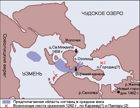 Предполагаемая для средневековья береговая линия на стыке Чудского и Теплого озер. Изображение из интернета.