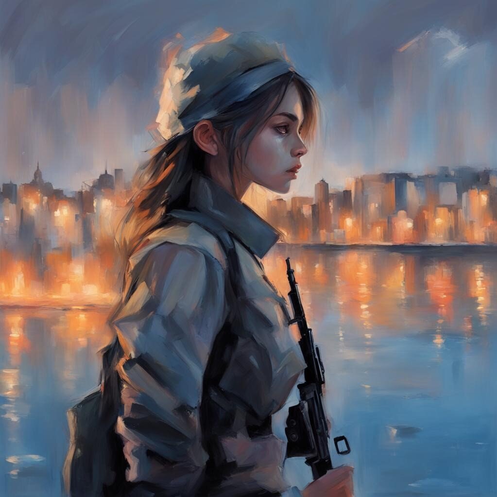 Девушка с оружием входит в город. Картинка создана нейросетью.