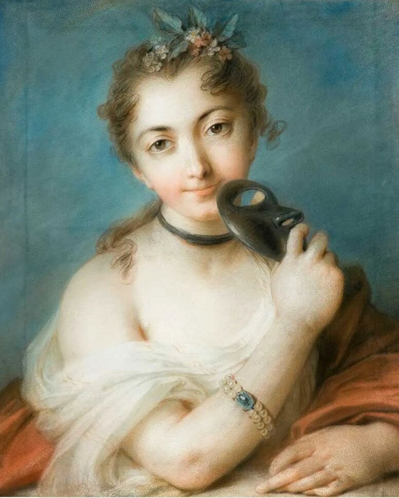Розальба Каррьера "Портрет женщины с маской" Бумага, пастель, 1730г. Источник https://artchive.ru/artists/984~Rozal'ba_Karr'era_Karrera/works/475154~Portret_zhenschiny_s_maskoj