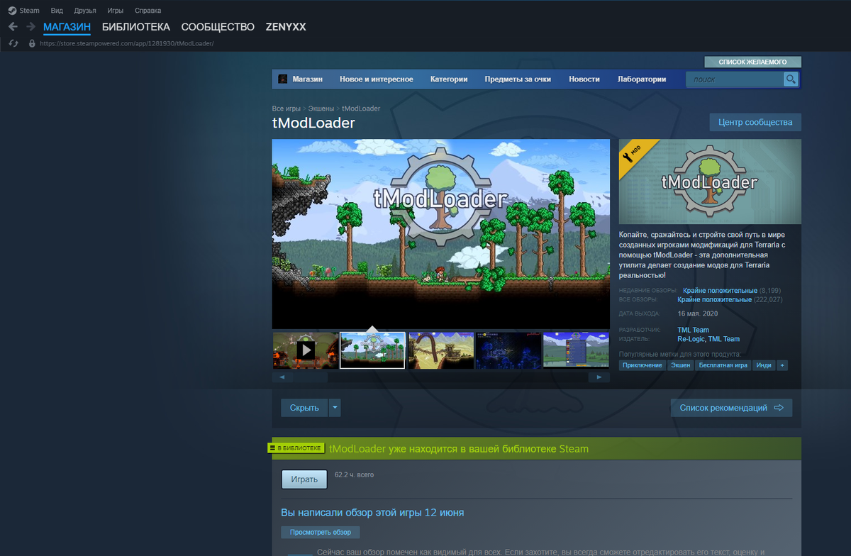 Вот как выглядит главная страница tModLoader в Steam