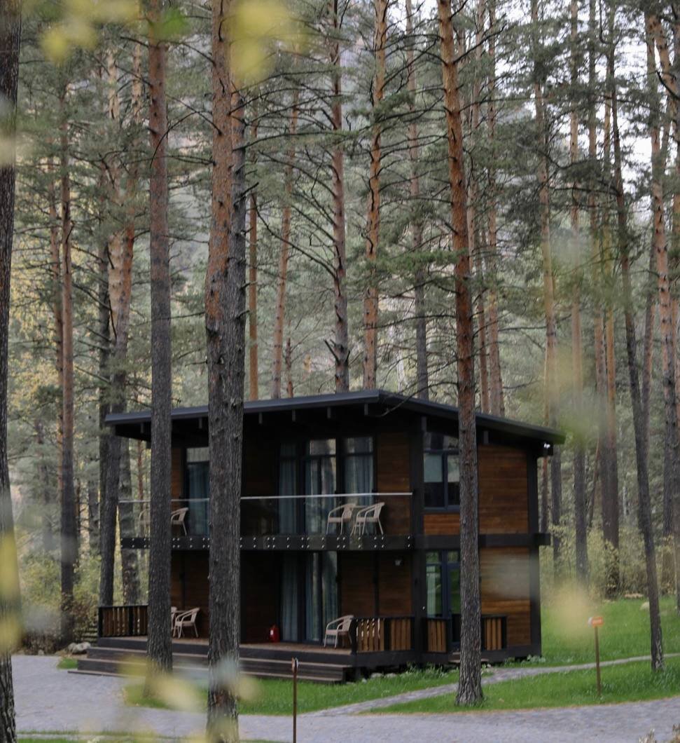 Домики в отеле Сказка Алтая расположены между соснами