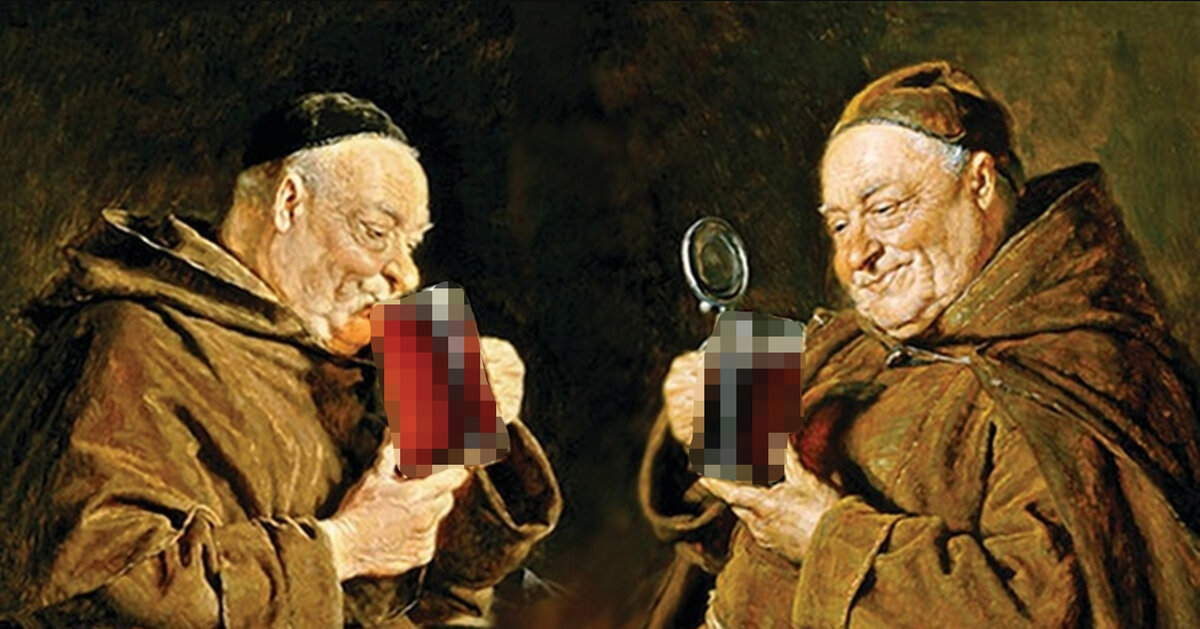 Средневековые монахи держат в руках кружки с пикселями. 