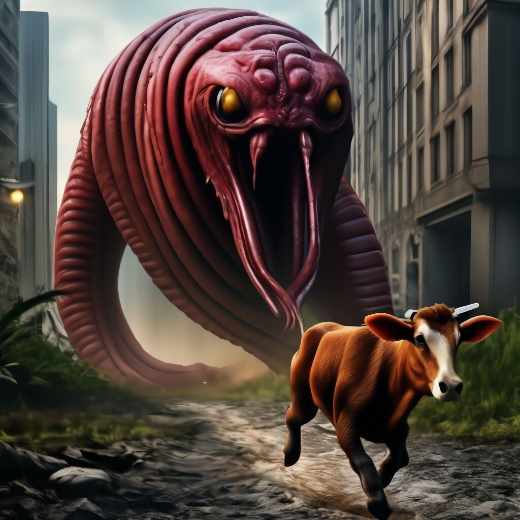 Теленок убегает от червя. Творение нейросети Шедеврум