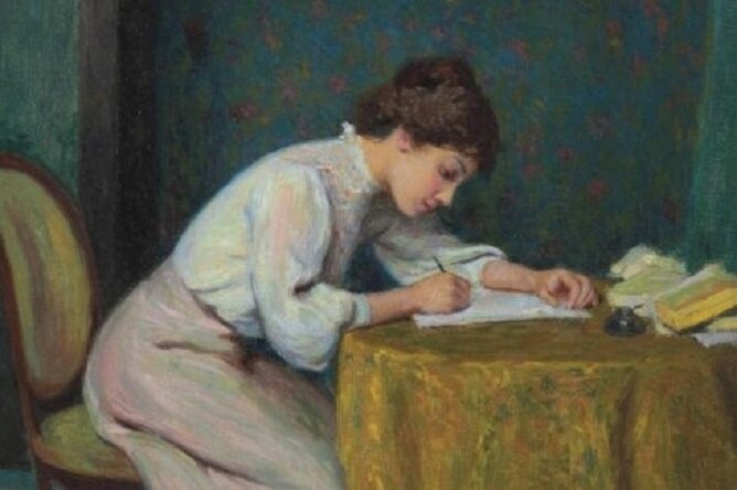 Фрагмент картины Федерико Дзандоменеги «Молодая женщина, пишущая письмо». 1874. Частное собрание