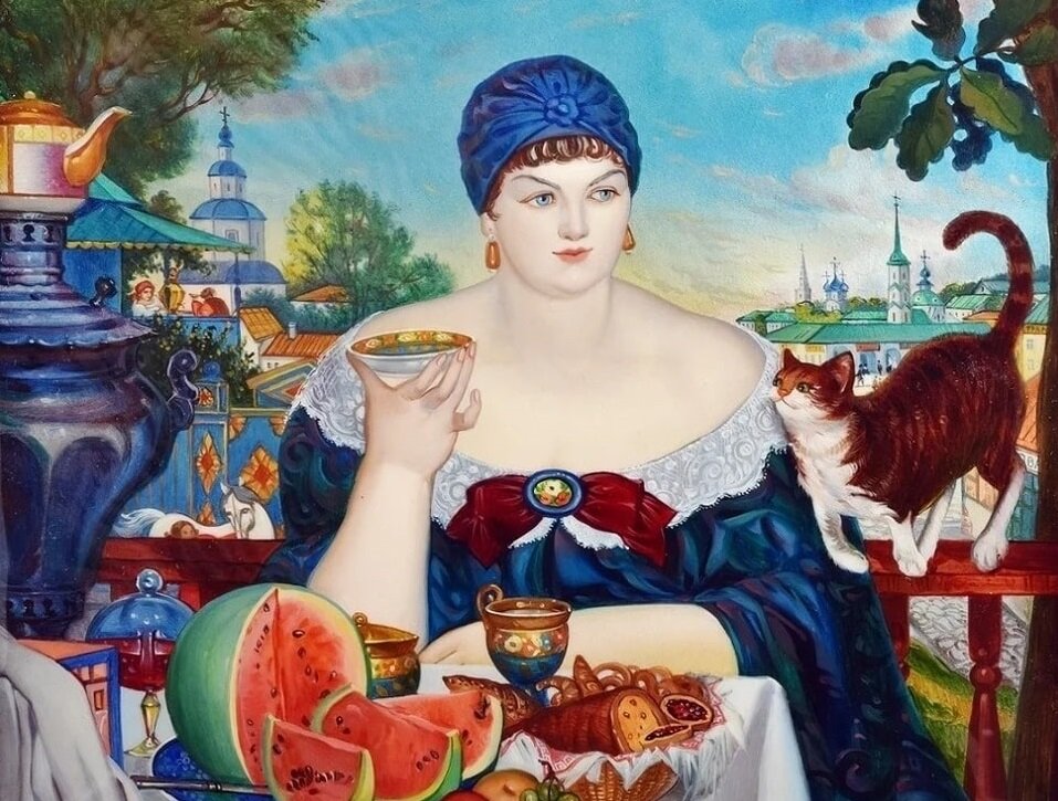 Картина Б. Кустодиева "Купчиха за чаем" (1918)