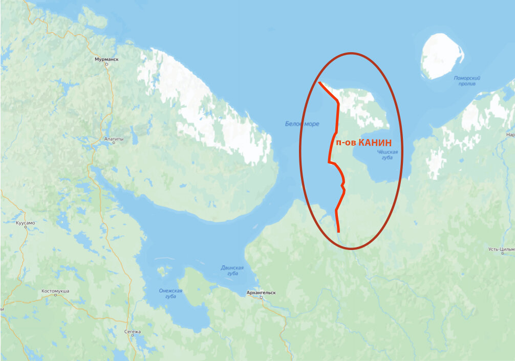 Полуостров Канин и нитка маршрута.