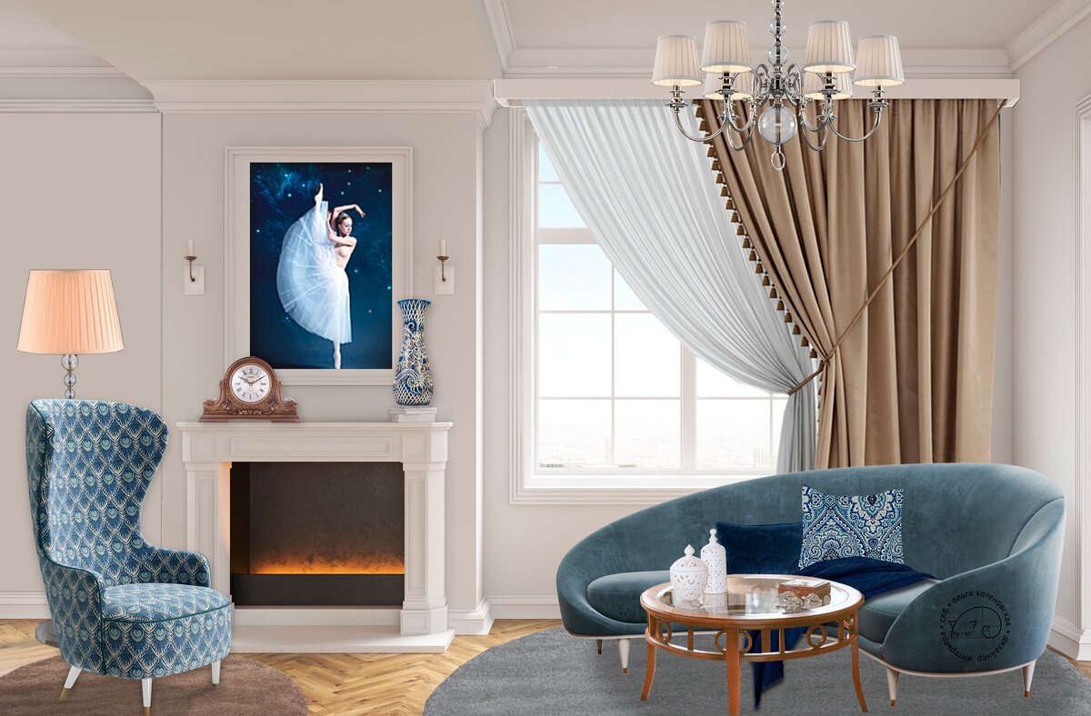 Концепция «Русский балет». Главная идея - создать слегка театральную атмосферу для ценителей балета. Изящные ножки мебели - как ножки балерины. Тюль - балетная пачка. Кисточки - отсылка к театру и занавесу. Ромбовидно расположенный принт кресла повторяется нечетное количество раз - в принте подушки, в узоре вазочки, в белых вазочках на столе и в фактуре синей подушки. Люстра и торшер очень близкие по исполнению, форме и цвету абажура, декоре в виде стеклянных шаров. Круглые формы поддержаны везде - в журнальном столике, принт на кресле, шарообразный декор на люстре и торшере, круглые коврики, циферблат часов. Округлые формы передают мягкость и плавность движений балерины, гибкость, изящество балета в целом. В интерьере сочетаются 2 металла - латунь и хром. Латунь - отсылка к винтажу и прошлому, хром - к современности.